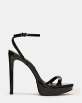 JUNI Black Patent Criss Cross Stiletto Ankle Strap Women's Heel | Steve Madden US