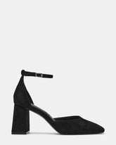 HARTLYN Black Suede Square-Toe Block Heel Ankle Strap Women's Heel | Steve Madden on Sale