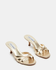 CARY Gold Leather Square-Toe Strappy Mule Women's Heel | Steve Madden on Sale