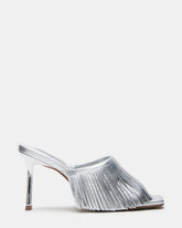 MORINA Silver Leather Square-Toe Stiletto Mule Fringe Heel | Women's Heels | Steve Madden Sale
