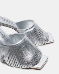 MORINA Silver Leather Square-Toe Stiletto Mule Fringe Heel | Women's Heels | Steve Madden Sale
