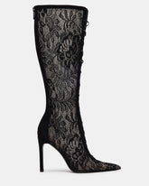 MAXINE Black Lace Pointed-Toe Knee-High Lace-Up Stiletto Women's Boot | Steve Madden Sale