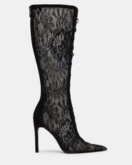 MAXINE Black Lace Pointed-Toe Knee-High Lace-Up Stiletto Women's Boot | Steve Madden Sale