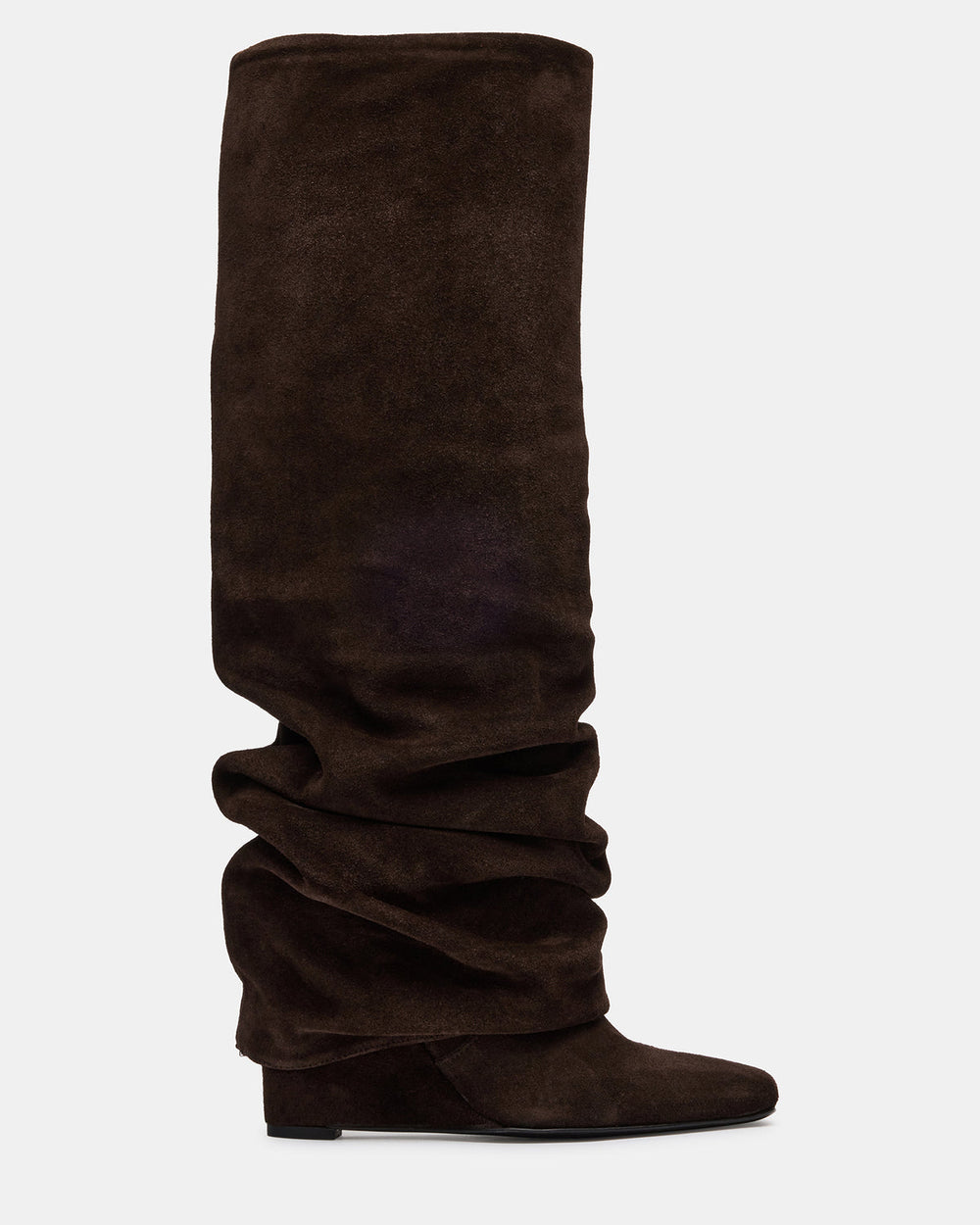 MONTANA Brown Suede Knee-High Square-Toe Wedge Fold-Over Women's Boot | Steve Madden US