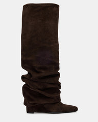 MONTANA Brown Suede Knee-High Square-Toe Wedge Fold-Over Women's Boot | Steve Madden US