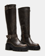 BRIGADE Brown Distressed Women's Knee-High Moto Lug Boot | Steve Madden Sale