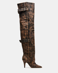 BADDIE Brown Distressed Over-The-Knee Moto Women's Boot | Steve Madden for Sale