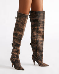 BADDIE Brown Distressed Over-The-Knee Moto Women's Boot | Steve Madden for Sale