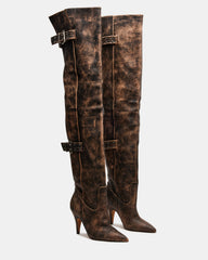 BADDIE Brown Distressed Over-The-Knee Moto Women's Boot | Steve Madden for Sale