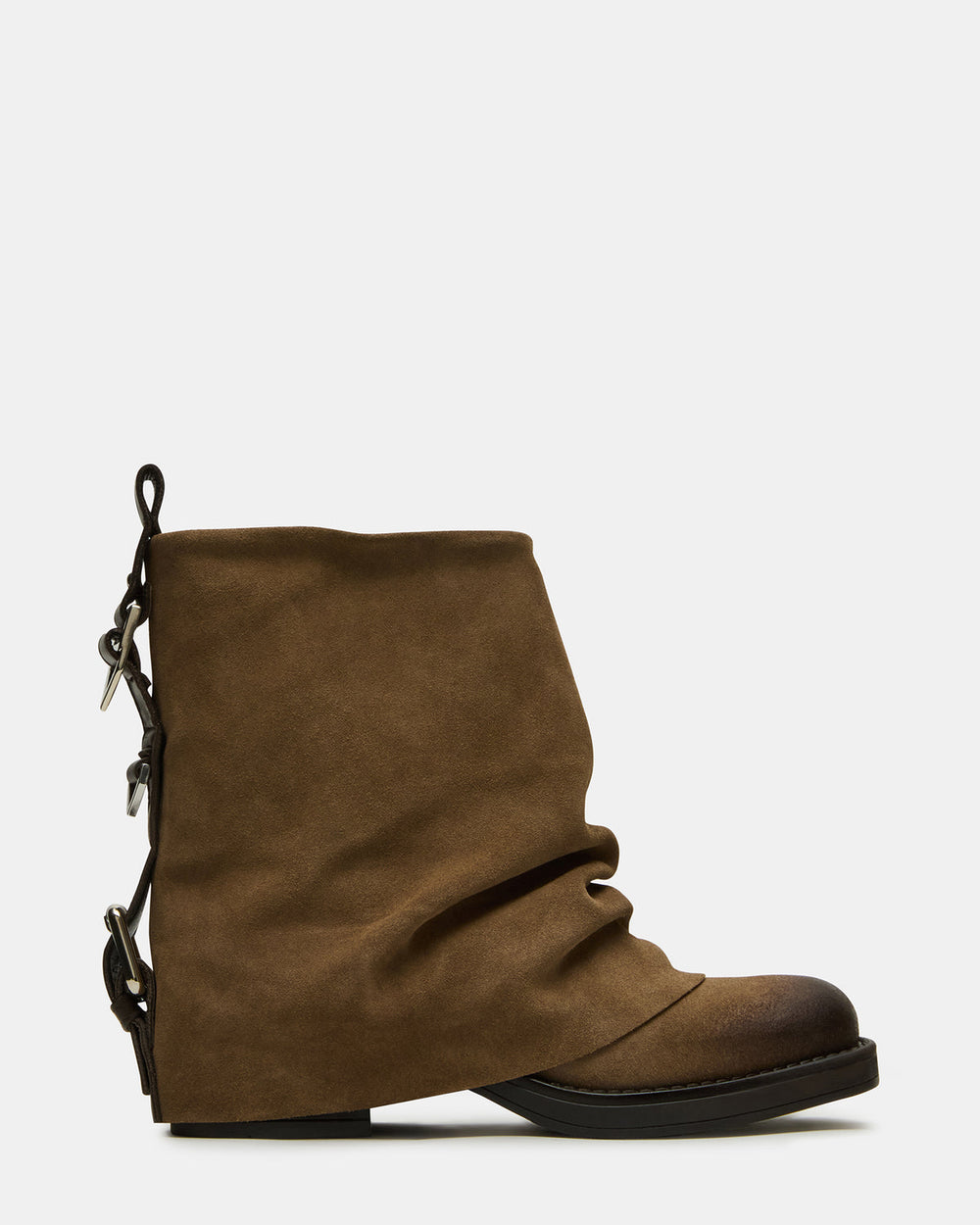 BENJI Taupe Suede Cuffed Fold-Over Moto Buckle Women's Ankle Boot | Steve Madden US