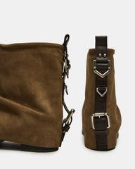 BENJI Taupe Suede Cuffed Fold-Over Moto Buckle Women's Ankle Boot | Steve Madden US