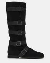INDIO Black Suede Buckle Strap Knee-High Round-Toe Women's Boot | Steve Madden outlet