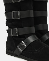 INDIO Black Suede Buckle Strap Knee-High Round-Toe Women's Boot | Steve Madden outlet