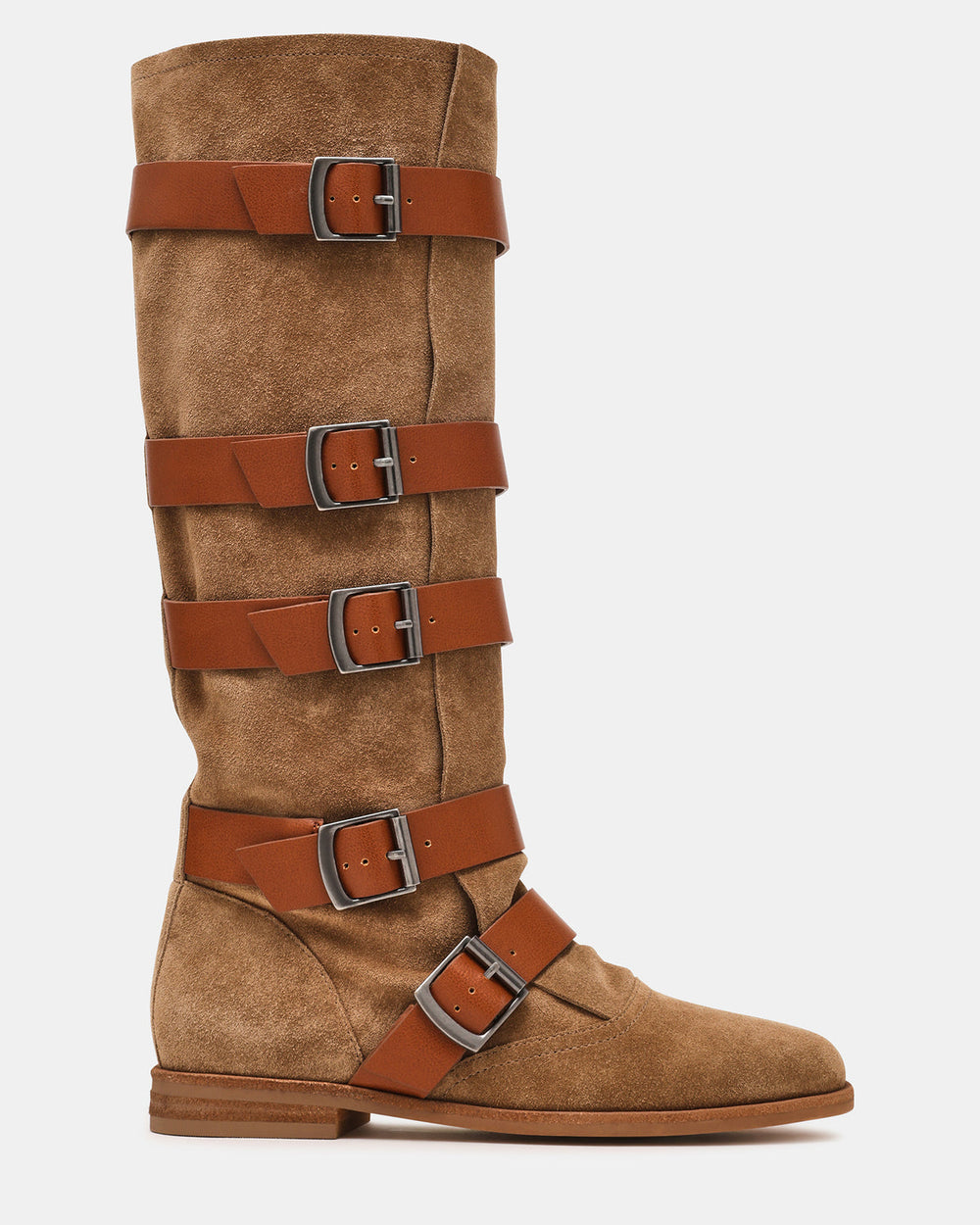 INDIO Tan Suede Buckle Strap Knee-High Round-Toe Women's Boot | Steve Madden online