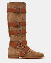 INDIO Tan Suede Buckle Strap Knee-High Round-Toe Women's Boot | Steve Madden online