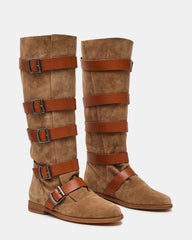 INDIO Tan Suede Buckle Strap Knee-High Round-Toe Women's Boot | Steve Madden online