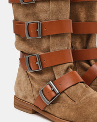 INDIO Tan Suede Buckle Strap Knee-High Round-Toe Women's Boot | Steve Madden online