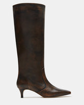 LANDER Brown Distressed Knee-High Kitten Heel Women's Boot | Steve Madden on Sale