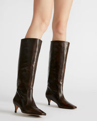 LANDER Brown Distressed Knee-High Kitten Heel Women's Boot | Steve Madden on Sale