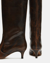 LANDER Brown Distressed Knee-High Kitten Heel Women's Boot | Steve Madden on Sale