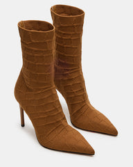 MIDNITE Tan Crocodile Pointed-Toe Stiletto Heel Sock Women's Ankle Boot | Steve Madden US