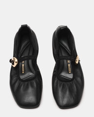 DAFFIA Black Leather Mary Jane Gold-Detail Buckle Ballet Women's Flat | Steve Madden on Sale