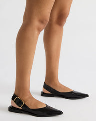 SHAY Black Leather Pointed-Toe Slingback Ballet Women's Flat | Steve Madden on Sale