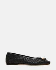 DIVY Black Leather Woven Bow Ballet Round-Toe Women's Flat | Steve Madden on Sale