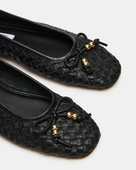 DIVY Black Leather Woven Bow Ballet Round-Toe Women's Flat | Steve Madden on Sale