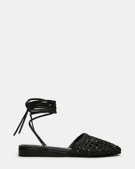 FLUTTER Black Leather Woven Mule Leg-Ties Strappy Women's Flat | Steve Madden Sale
