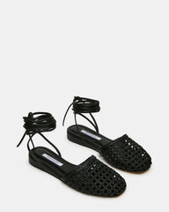 FLUTTER Black Leather Woven Mule Leg-Ties Strappy Women's Flat | Steve Madden Sale