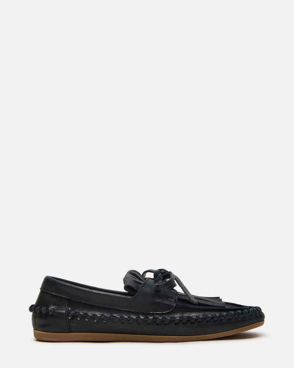 SAMUAL Black Distressed Fringe Boat Women's Loafer | Steve Madden US