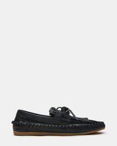 SAMUAL Black Distressed Fringe Boat Women's Loafer | Steve Madden US