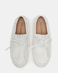 SAMUAL White Leather Fringe Boat Women's Loafer | Steve Madden US