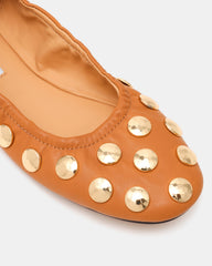 LANTA Tan Leather Studded Gold-Detail Round-Toe Women's Flat | Steve Madden on Sale