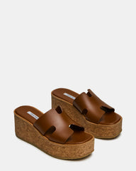 HARMONY Cognac Leather Wedge Mule Cork Platform Women's Sandal | Steve Madden for Sale