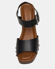 JEMMA Black Leather Square-Toe Wood Bottom Block Heel Women's Sandal | Steve Madden Sale