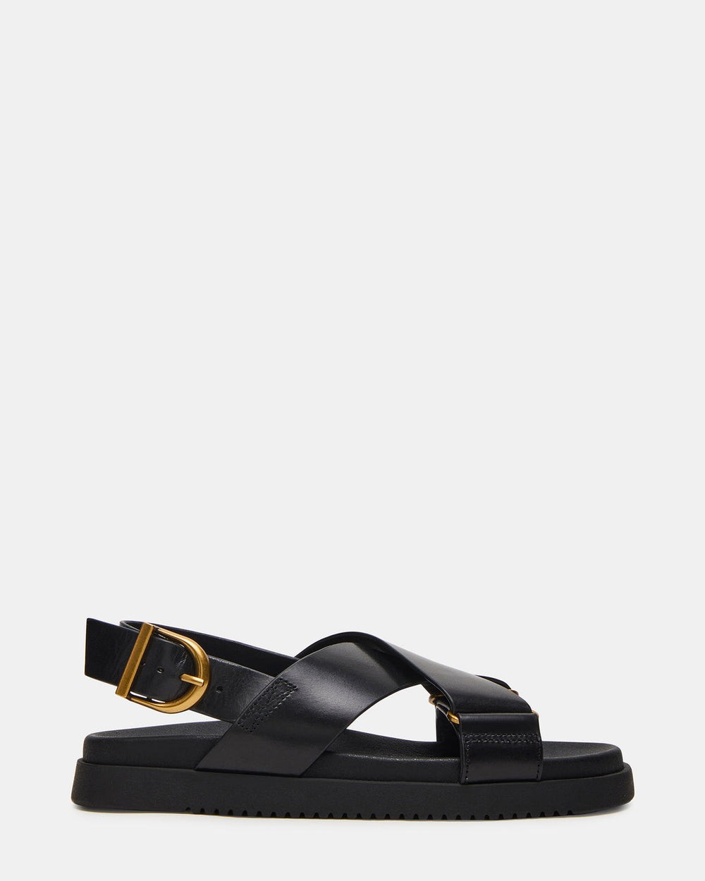 DONELLI Black Leather Strappy Footbed Women's Sandal | Steve Madden on Sale