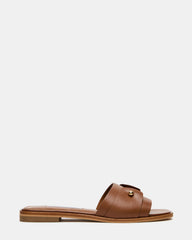 HASTEN Brown Leather Gold Detail Slide Women's Sandal | Steve Madden US