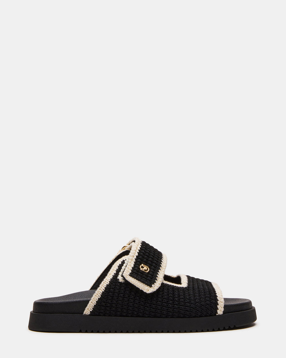 MAYSIE Black Multi Woven Flatform Footbed Slide Women's Sandal | Steve Madden for Sale