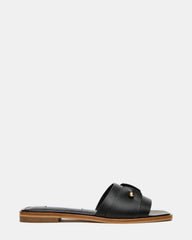 HASTEN Black Leather Gold Detail Slide Women's Sandal | Steve Madden for Sale