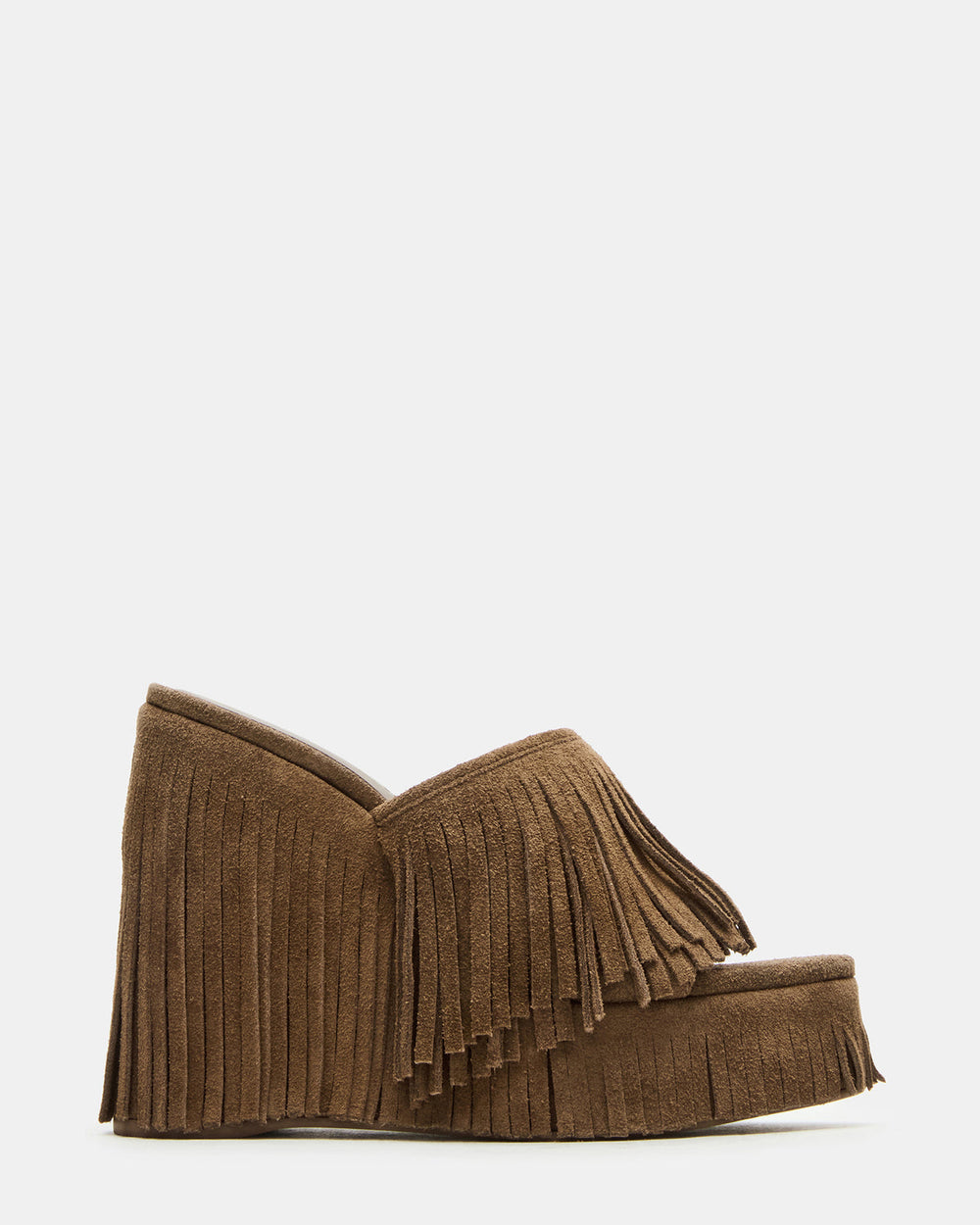 WYNN Chestnut Suede Platform Fringe Wedge Mule Women's Sandal | Steve Madden for Sale