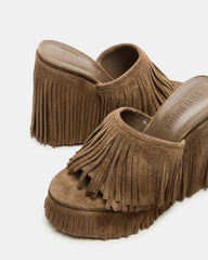 WYNN Chestnut Suede Platform Fringe Wedge Mule Women's Sandal | Steve Madden for Sale