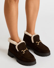LEON Faux Fur Chocolae Brown Suede Platform Lug Sole Women's Loafer | Steve Madden for Sale