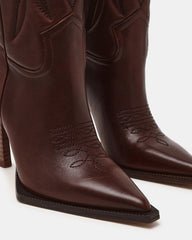 KINZEE Brown Leather Pointed-Toe Knee-High Western Stiletto Women's Boot | Steve Madden on Sale