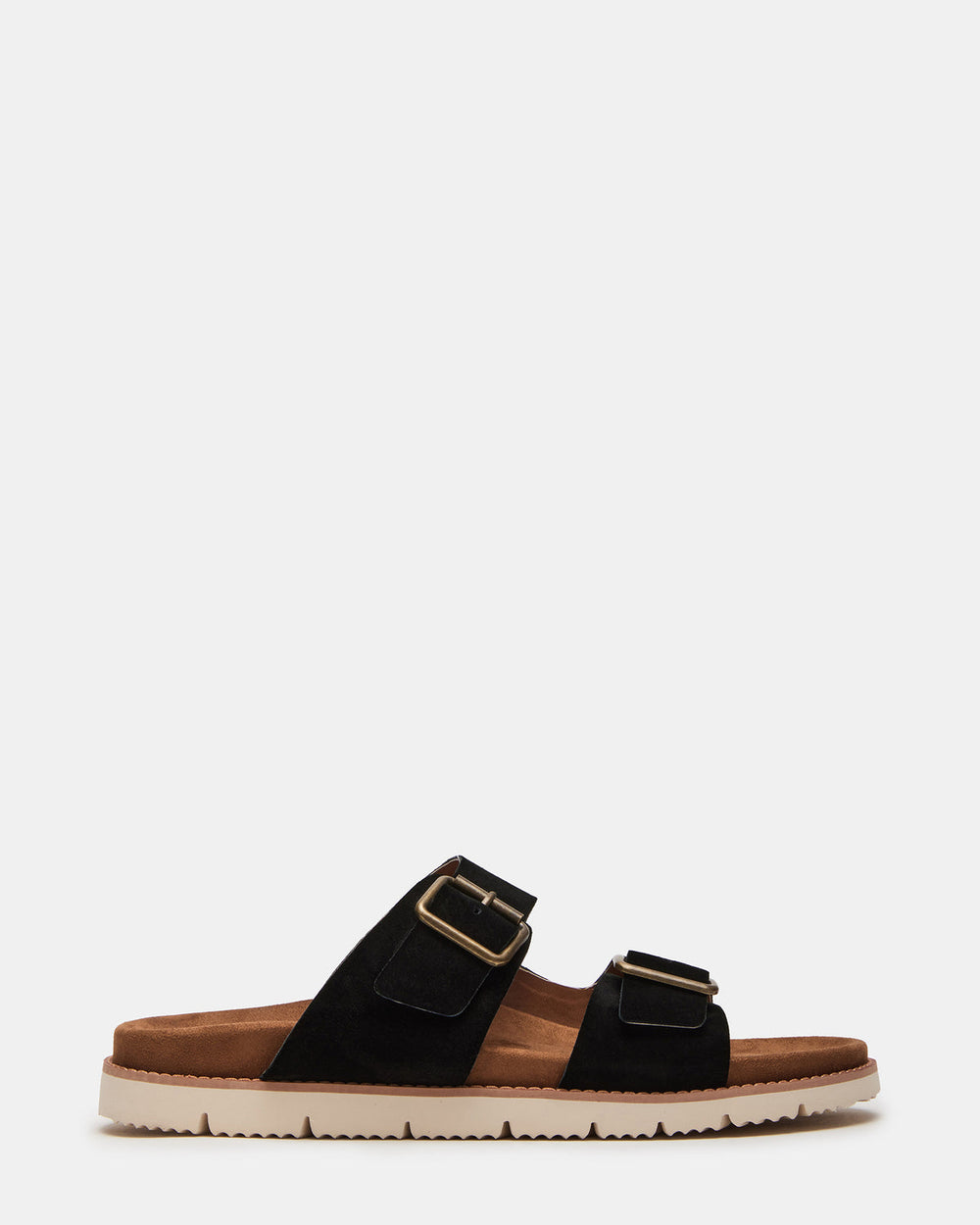 CORBAN Black Suede Men's Double Buckle Closure Footbed Sandal | Steve Madden Sale