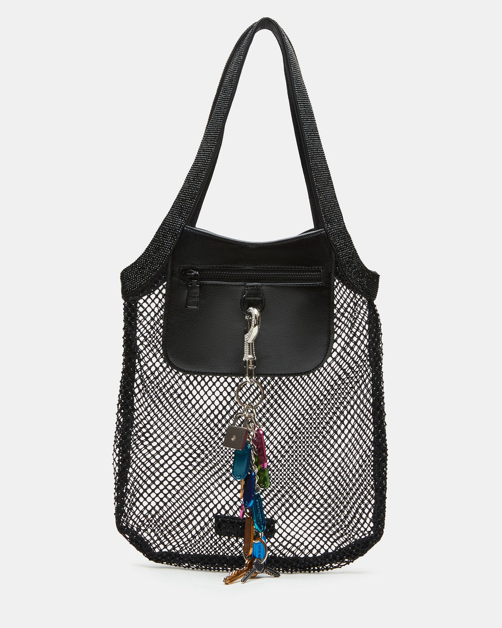 MAKIA Black Women's Crystal Rhinestone Shoulder Strap Net Tote Handbag | Steve Madden online