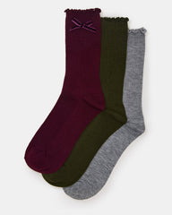 3 PACK FOLLY VELVET BOW RIB CREW SOCKS CHERRY Women's Lettuce Edge Delicate Bow Socks | Steve Madden outlet