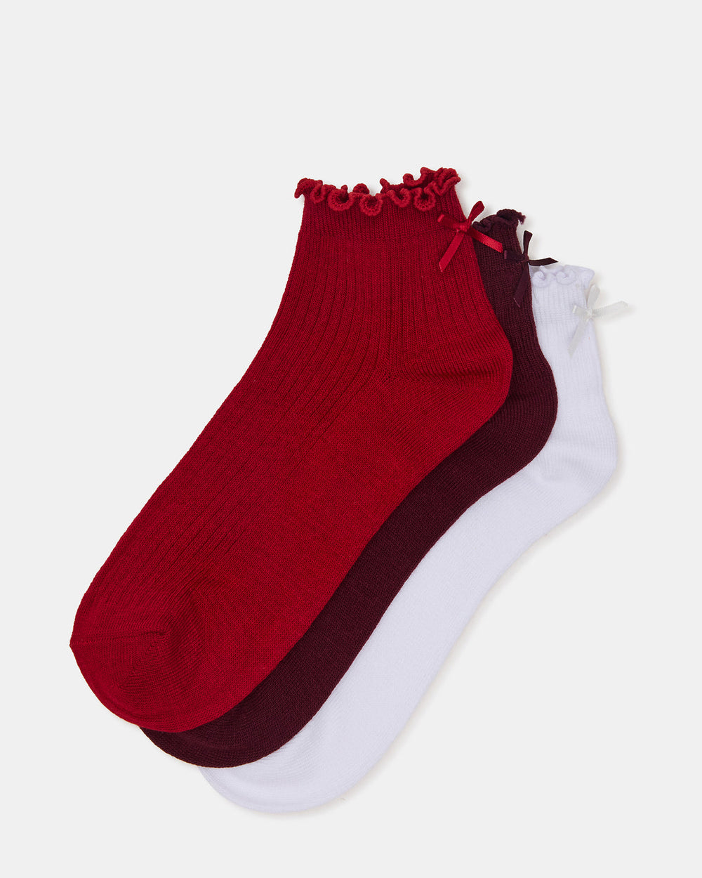 3 PACK MELODY LETTUCE EDGE BOW SOCKS RED MULTI Women's Bow Anklet Socks | Steve Madden near me
