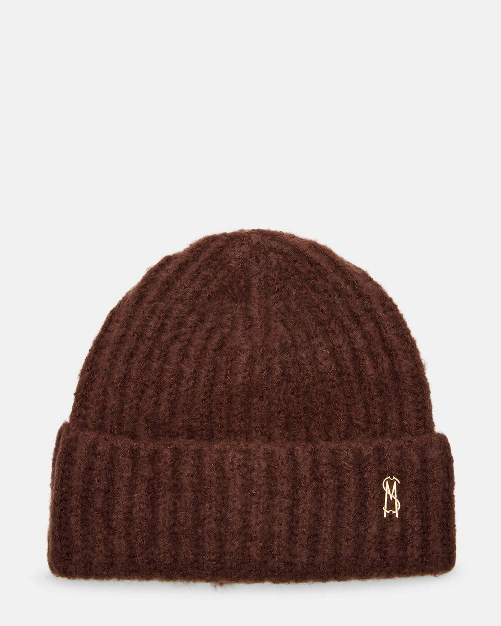 LOGO BEANIE Dark Brown Fuzzy RIbbed Knit Women's Beanie | Steve Madden US